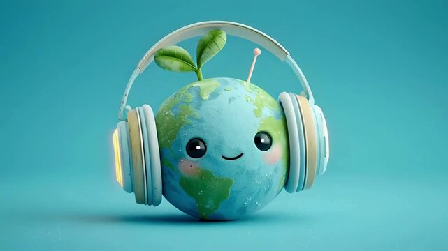 Joyful Earth character with headphones, symbolizing a global radio broadcast of nature's harmonious sounds, fostering ecological awareness and a connected planet