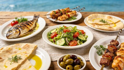 Grilled fish salad and bread on table