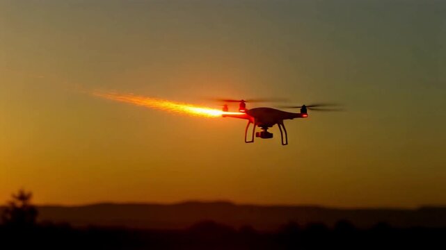 Sunset drone chase with long shadows, interceptor executing perfect roll and firing orange disruptor pulse, 8K, 2026