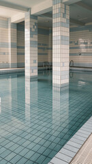 Naklejka premium Serene indoor swimming pool with symmetrical tiled columns and calm water reflections, ideal for boutique hotel brochures, spa branding, and modern interior concepts.