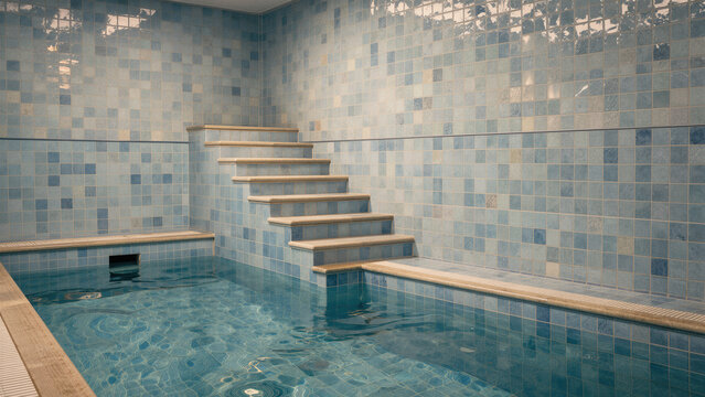Expansive indoor pool area with light blue ceramic tiles and wide stone steps leading into the deep water provides a hauntingly serene example of dreamcore style.