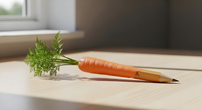 Carrot Pencil Creative Concept on Wooden Table, Education and Healthy Creativity Idea