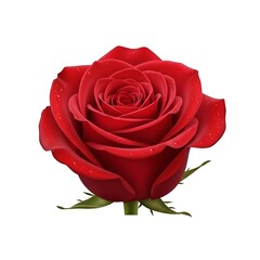 A close-up view of a vibrant red rose with dew drops on its petals and green leaves