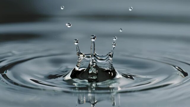 A macro shot captures the splash of a water droplet, creating a crown of water