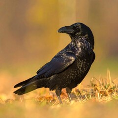 A black bird with a glossy beak stands on dry grass