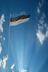 Obraz premium Waving National flag of Estonia on flagpole in sky