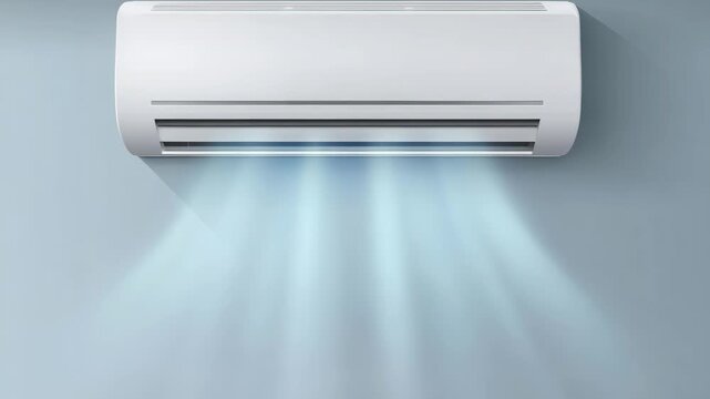 A white split system air conditioner mounted on a light blue wall, emitting cool blue air.