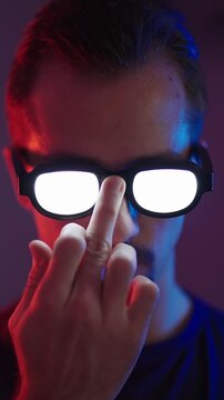 Man fix glowing glasses with middle finger anime style protagonist villain