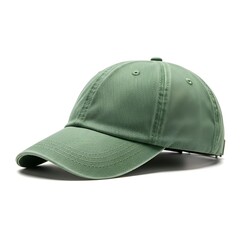 Fototapeta premium A green baseball cap with a curved brim and button on top is displayed on a white surface from a slightly elevated angle.