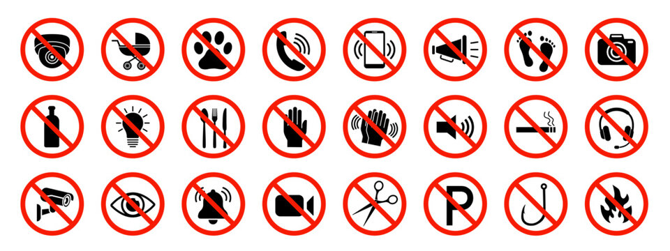 Prohibition signs set. Set of no music, sound, fire, pet, eat . No photos. No noise, disturb or loudly. Red prohibition sign. Vector illustration