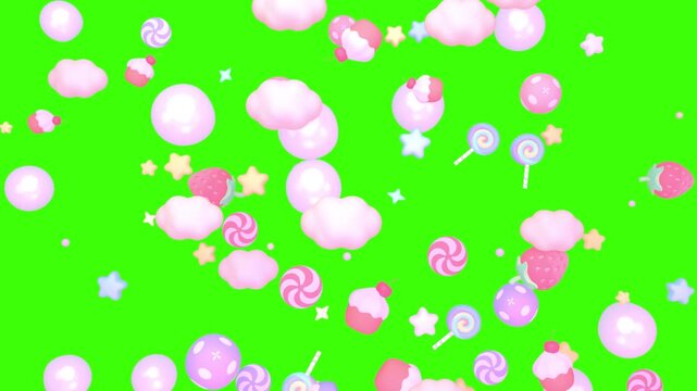 Cartoon candies and clouds flying up on green screen animation. (loop)