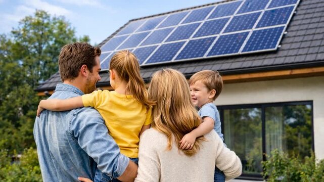 Happy family near their house with solar panels.