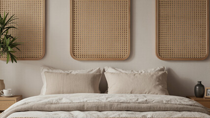 Elegant bedroom interior featuring a large natural rattan wall hanging above a cozy bed with soft beige pillows and white linens in a minimalist home setting.
