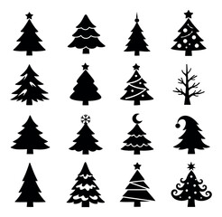 Obraz premium Minimalist Christmas tree icon set featuring various festive shapes and decorative elements for holiday designs