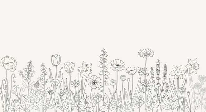 A serene illustration of various flowers and plants growing in a field with a minimalistic line art style jkahsfc 123 ai
