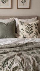 Cozy bedroom scene featuring decorative throw pillows with botanical leaf patterns and olive green tones on a soft white linen bedspread for home comfort.