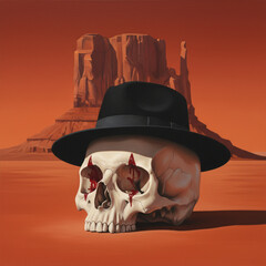 Skull with Black Hat and Blood Tears in Desert Landscape with Monument Valley