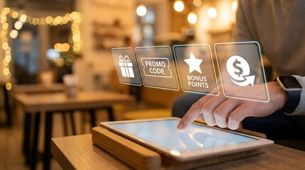 Customer using tablet to access loyalty program rewards and promotions.