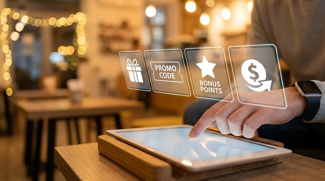 Customer using tablet to access loyalty program rewards and promotions