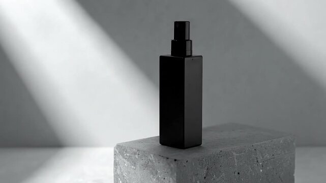 A black, rectangular perfume bottle rests on a concrete block, lit by a streak of sunlight