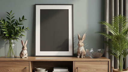 Vertical black picture frame mockup standing on a wooden console table next to a cute bunny sculpture for a modern minimalist interior design showcase.