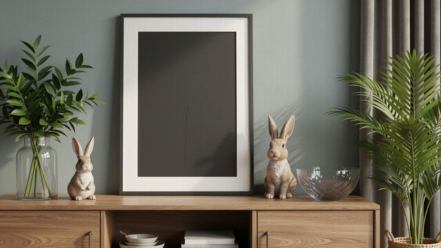 Vertical black picture frame mockup standing on a wooden console table next to a cute bunny sculpture for a modern minimalist interior design showcase.