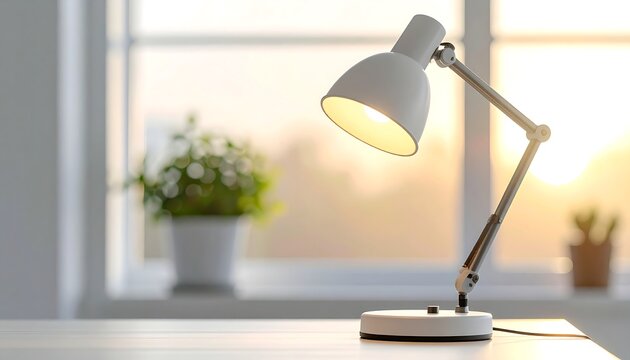 White adjustable desk lamp with illuminated bulb on a table with a blurred background of a window and plant