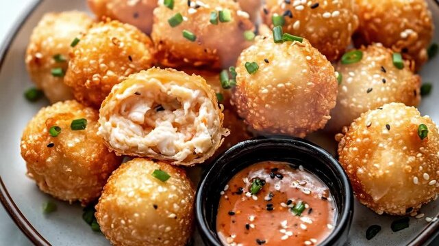 Crispy shrimp balls with sesame seeds and dipping sauce garnished with chives