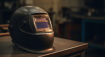 Obraz premium Used and scratched black welding helmet resting on a workbench in an industrial setting, symbolizing safety and hard work for a Labor Day concept