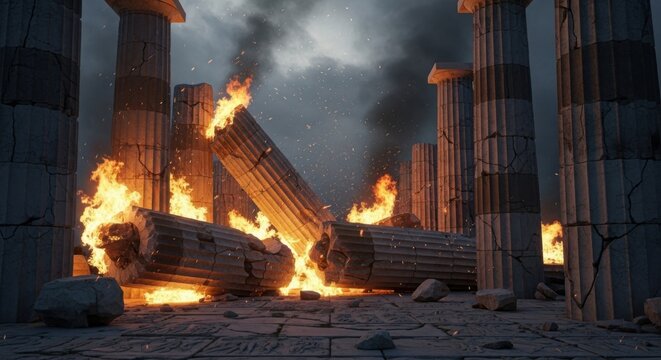 Dramatic ancient temple engulfed in fierce flames with crumbling columns