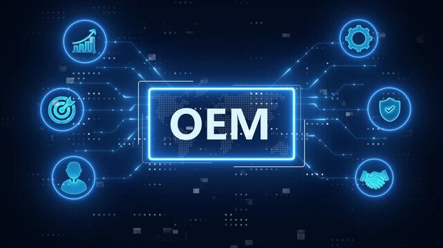OEM - Original Equipment Manufacturer concept. Production, Components, Design, Quality control, Branding, Assembly, Supply Chain, Licensing.