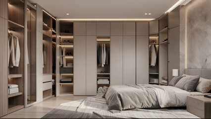 Modern minimalist walk-in closet with integrated LED lighting and sleek neutral cabinetry, creating an organized and luxurious bedroom dressing area for a home.
