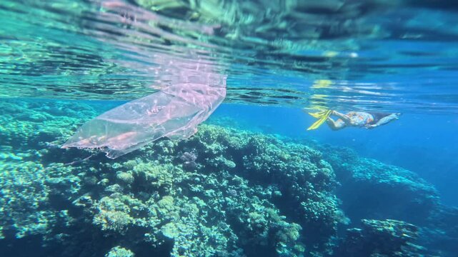 Human indifference to plastic pollution underwater near coral reef in Red sea