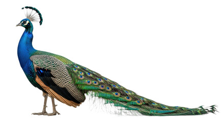 Obraz premium A regal male indian peafowl stands in strict side profile on a transparent studio background. Its iridescent sapphire head and bronze body contrast with the shimmering ocellated tail train,