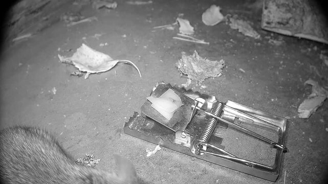 Yellow-necked mouse (Apodemus flavicollis) sniffing cheese placed in a mousetrap.