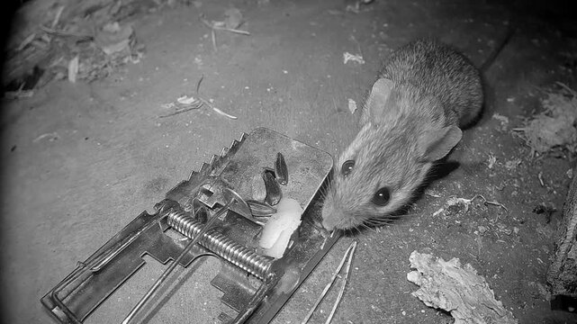 Yellow-necked mouse (Apodemus flavicollis) getting caught in a mousetrap.