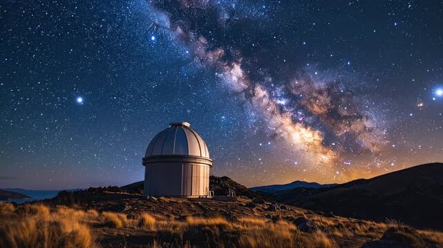 Astronomical observatory stands silhouetted against a breathtaking night sky filled with stars and the Milky Way.