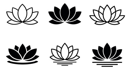 Obraz premium Minimalist lotus flower icon set featuring outline and solid silhouette designs for wellness and spa branding