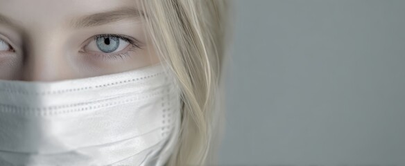 The woman wearing a surgical mask with piercing blue eyes in soft studio light