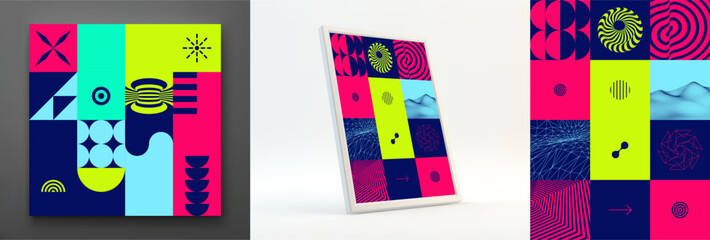 Obraz premium Abstract geometrical pattern. Mosaic. Art composition. Landscape background. Optical illusion.Cover design template. Vector for brochure, poster, card, presentation, flyer or banner.