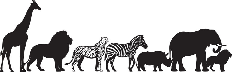 Fototapeta premium Silhouettes of Giraffe, Lion, Cheetah, Zebra, Rhinoceros, and Elephant with a Small Dog in a Row also transparent background