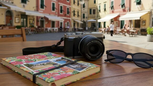 Camera and Accessories on Wooden Table at Urban Street Cafe with Blurred Background in Italy Under Bright Daylight for Adobe Stock Photos