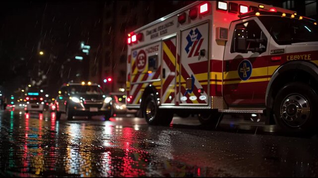 Emergency Vehicles Responding on Wet Street at Night With Lights Reflecting From Rain
