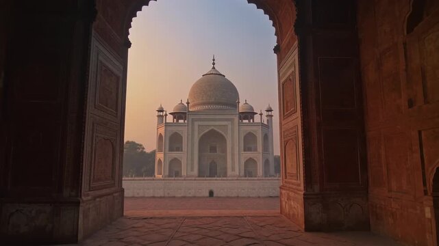 mosque View Through Ancient Gateway at Sunrise.