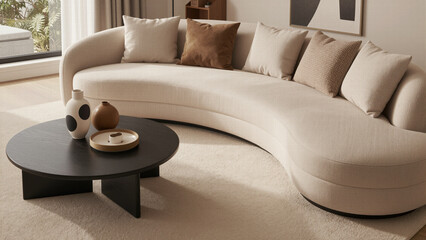 A luxurious curved beige sofa with neutral throw pillows defines this minimalist living area featuring a dark round coffee table and soft carpet flooring.