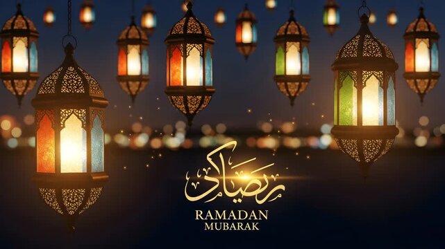 Colorful lanterns glowing in night sky with Ramadan Mubarak text in Arabic and English 4K Ai HD high quality video. 