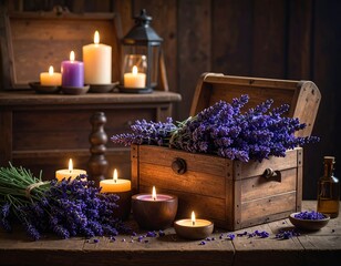 Lavender Flowers and Candles in Wooden Box.