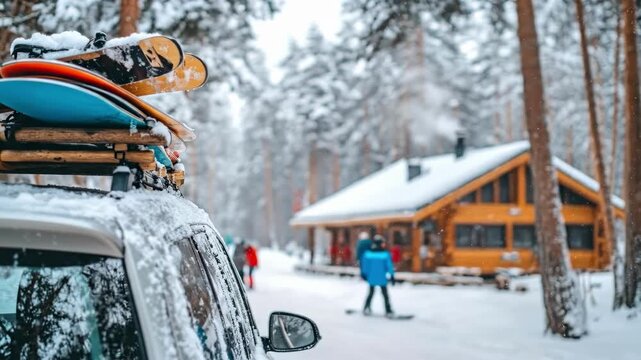 Winter cabin getaway: snow-covered car with skis and snowboards in forest retreat