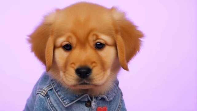 A golden retriever puppy in a denim jacket with a heart patch looks tenderly at camera against a pastel lavender background, concept of heartfelt affection and loyalty