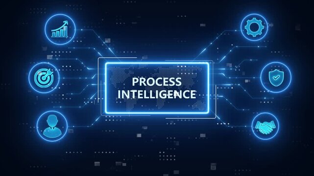 Process Intelligence concept. Monitoring Optimization Process mining Automation Discovery Compliance Analysis Bottleneck detection Prediction.